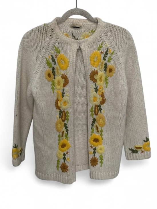 Vintage Sweaters - Vintage Cream Floral Embroidered Open Front Cardigan Sweater